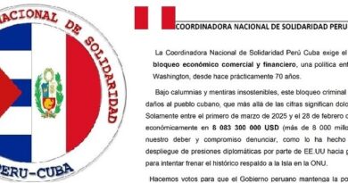 Coordinadora de Solidaridad Perú-Cuba exige fin de bloqueo a Cuba